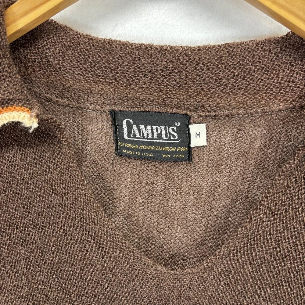 Vintage Campus V Neck Sweater Loop Johnny Collar Brown 70s Mohair Wool Knit USA